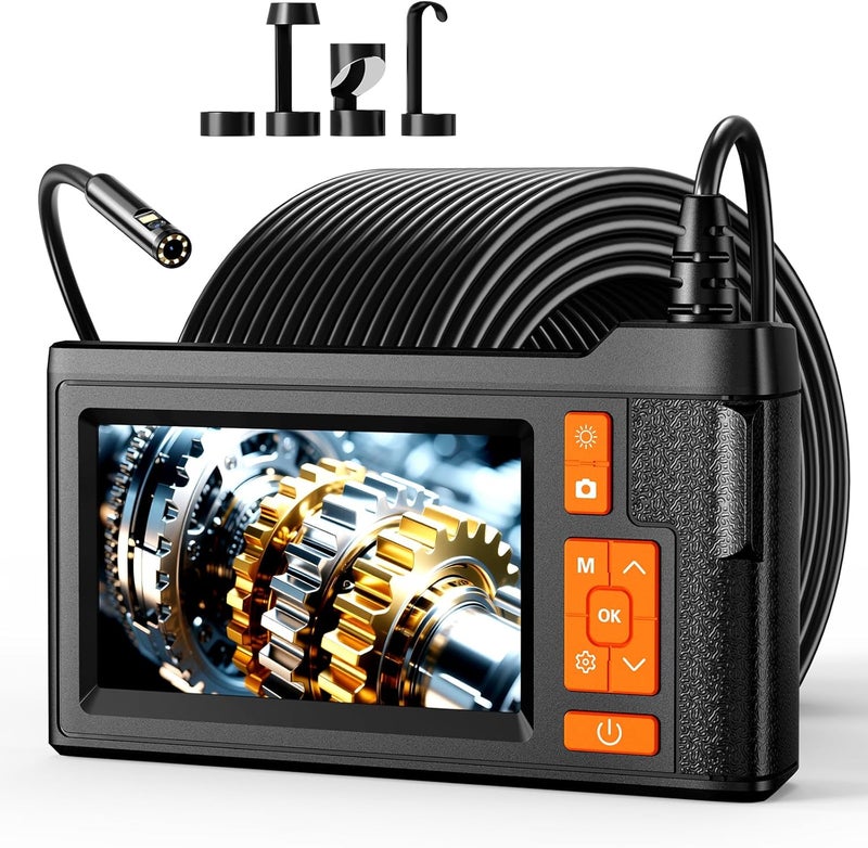 GinoCaco 33FT Dual Lens Endoscope Camera with Light, 4.3" Borescope with Photo/Video(Built-in 32GB Card), IP67 Waterproof with 8 LED Lights, Semi-Rigid Snake Cable for Pipe, Engine & HVAC Inspection - Image 1